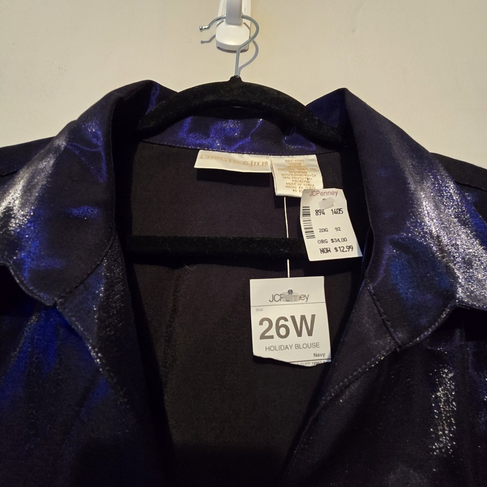 Vintage 90s NEW Christie Jill Shiny Blouse Women's Plus 26W Blue French Cuff NWT - Picture 4 of 9